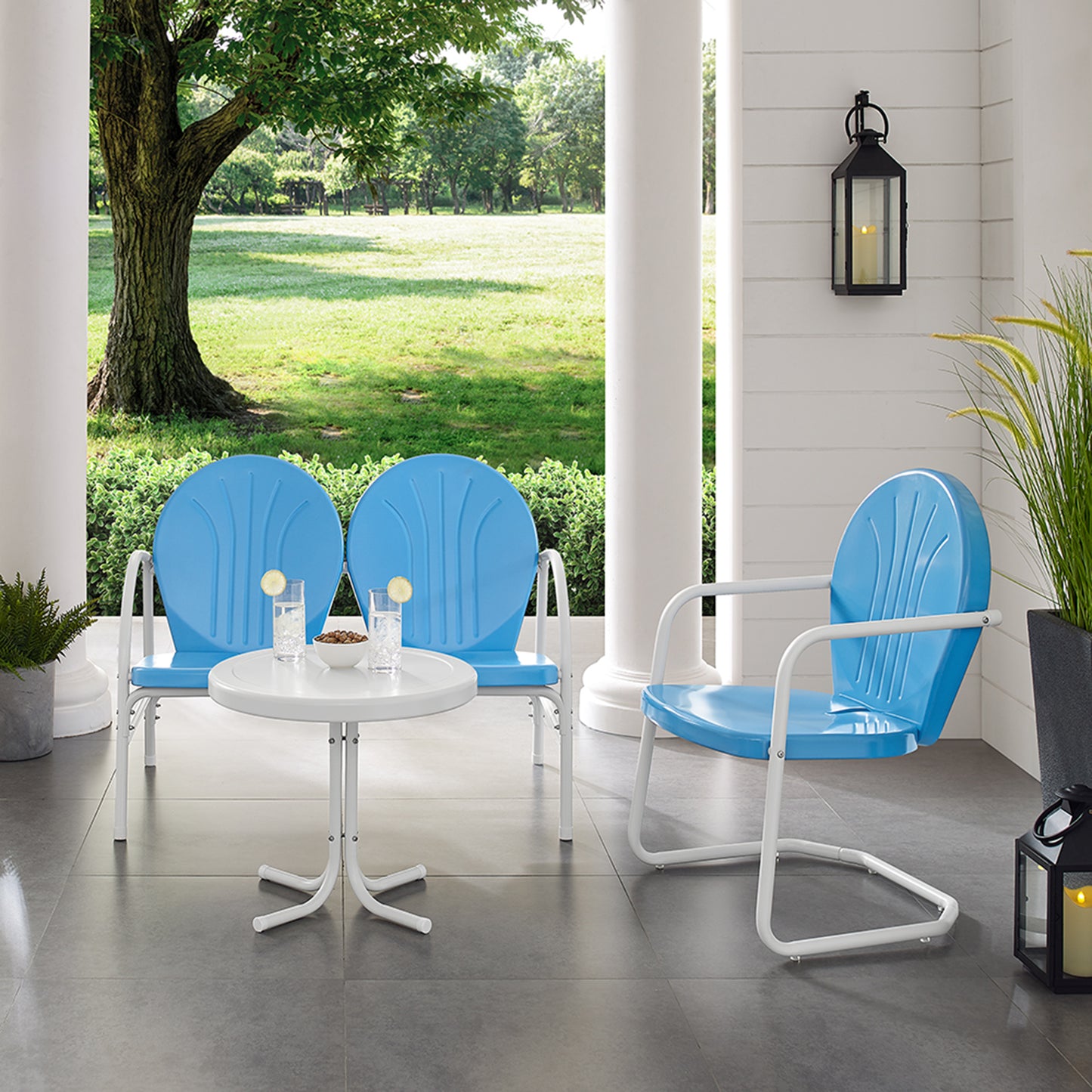 Griffith 3Pc Outdoor Metal Conversation Set Sky Blue Gloss/White Satin - Loveseat, Chair, & Side Table