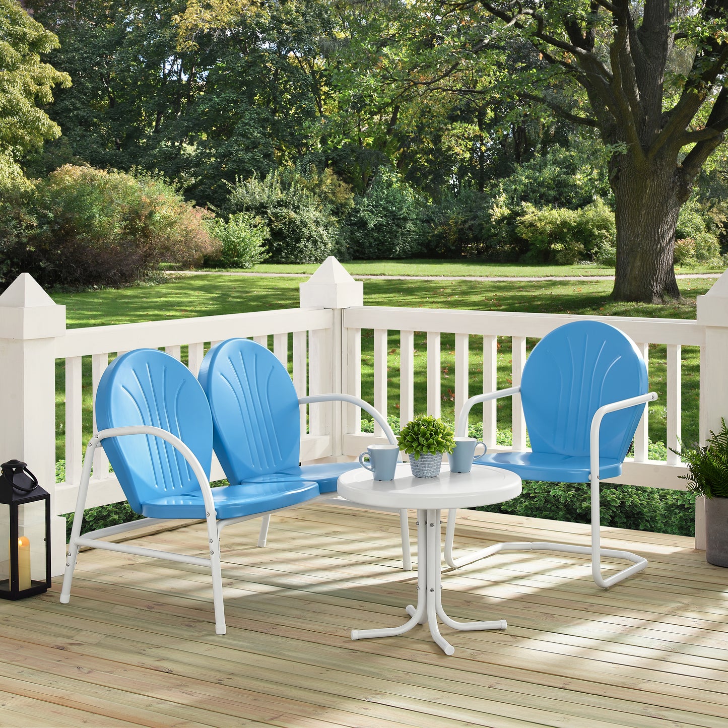 Griffith 3Pc Outdoor Metal Conversation Set Sky Blue Gloss/White Satin - Loveseat, Chair, & Side Table