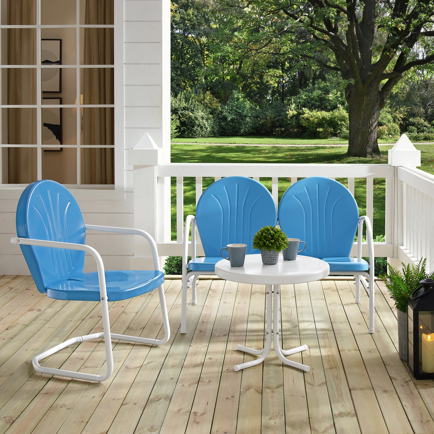 Griffith 3Pc Outdoor Metal Conversation Set Sky Blue Gloss/White Satin - Loveseat, Chair, & Side Table