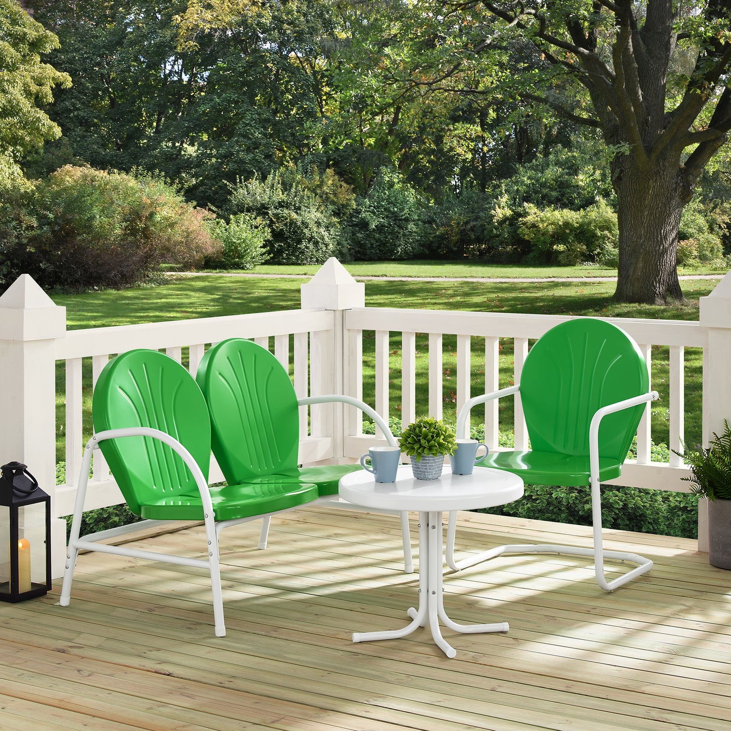 Griffith 3Pc Outdoor Metal Conversation Set Kelly Green Gloss/White Satin - Loveseat, Chair, & Side Table