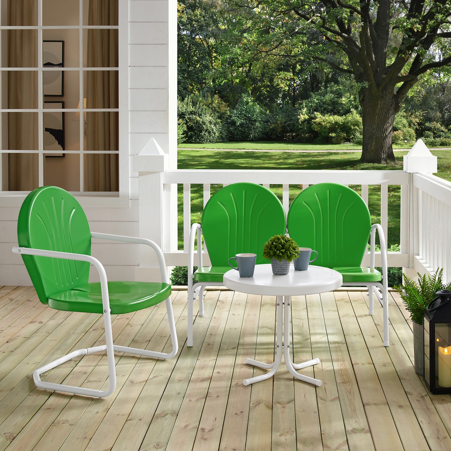 Griffith 3Pc Outdoor Metal Conversation Set Kelly Green Gloss/White Satin - Loveseat, Chair, & Side Table