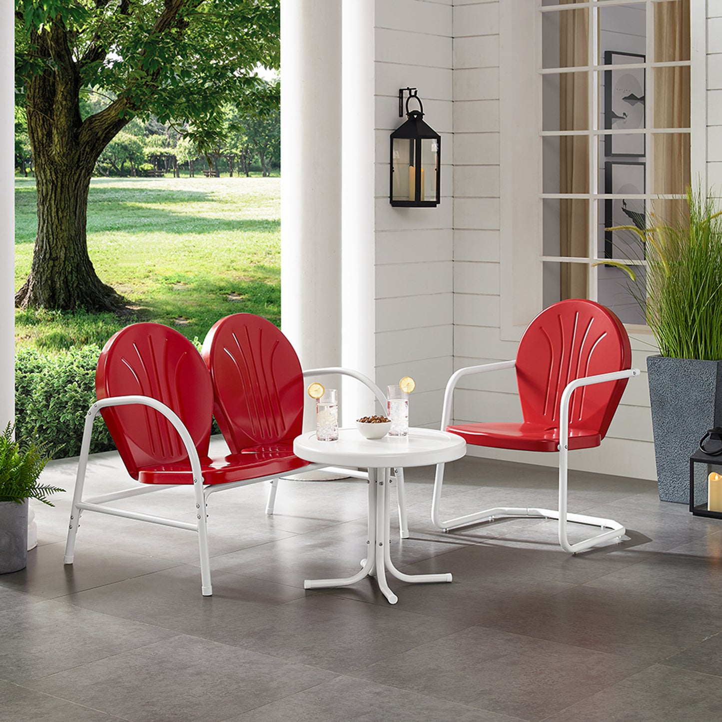 Griffith 3Pc Outdoor Metal Conversation Set Bright Red Gloss/White Satin - Loveseat, Chair, & Side Table