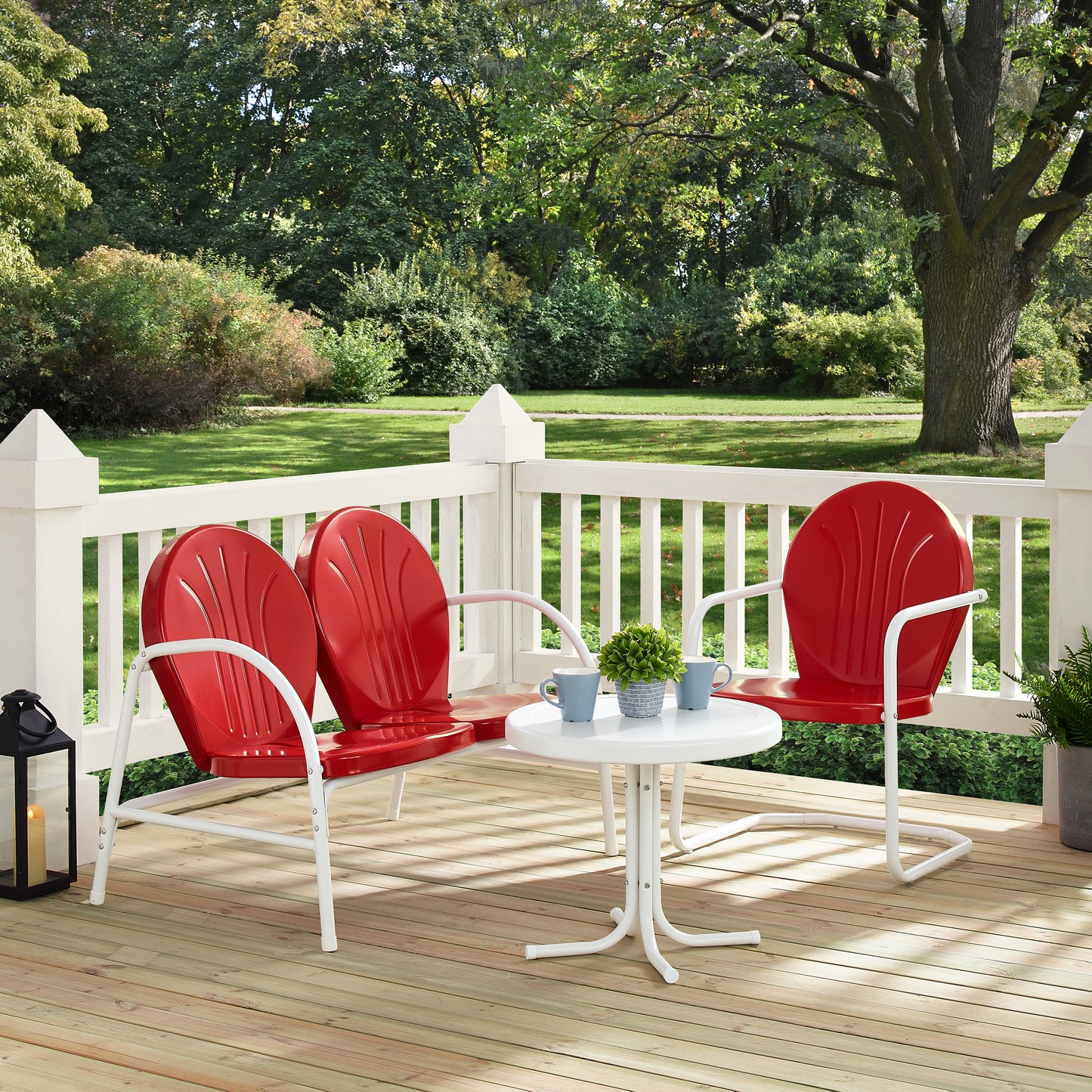 Griffith 3Pc Outdoor Metal Conversation Set Bright Red Gloss/White Satin - Loveseat, Chair, & Side Table