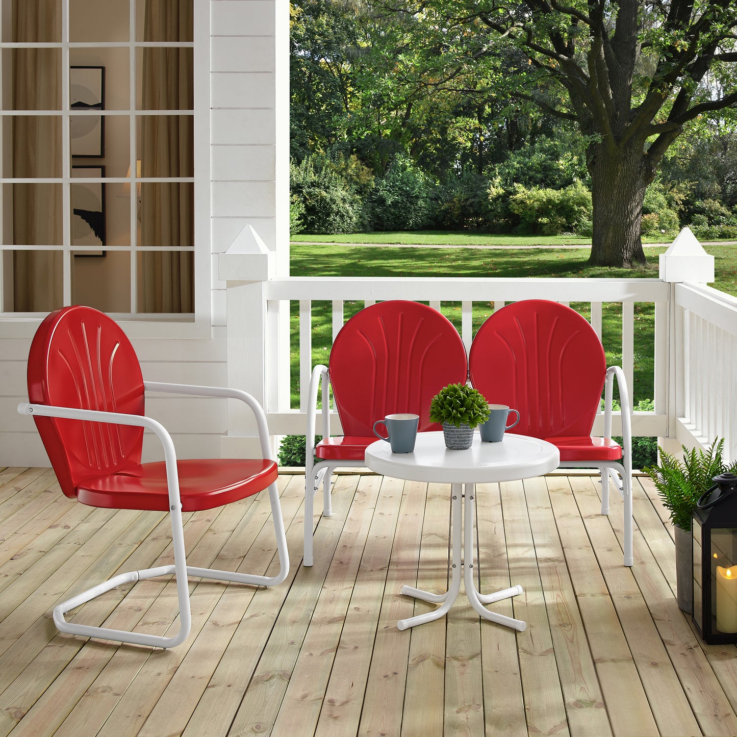 Griffith 3Pc Outdoor Metal Conversation Set Bright Red Gloss/White Satin - Loveseat, Chair, & Side Table