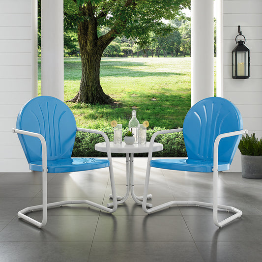 Griffith 3Pc Outdoor Metal Armchair Set Sky Blue Gloss/White Satin - Side Table & 2 Chairs