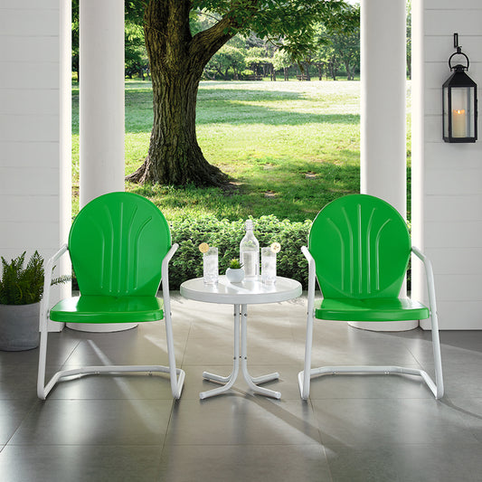 Griffith 3Pc Outdoor Metal Armchair Set Kelly Green Gloss/White Satin - Side Table & 2 Chairs