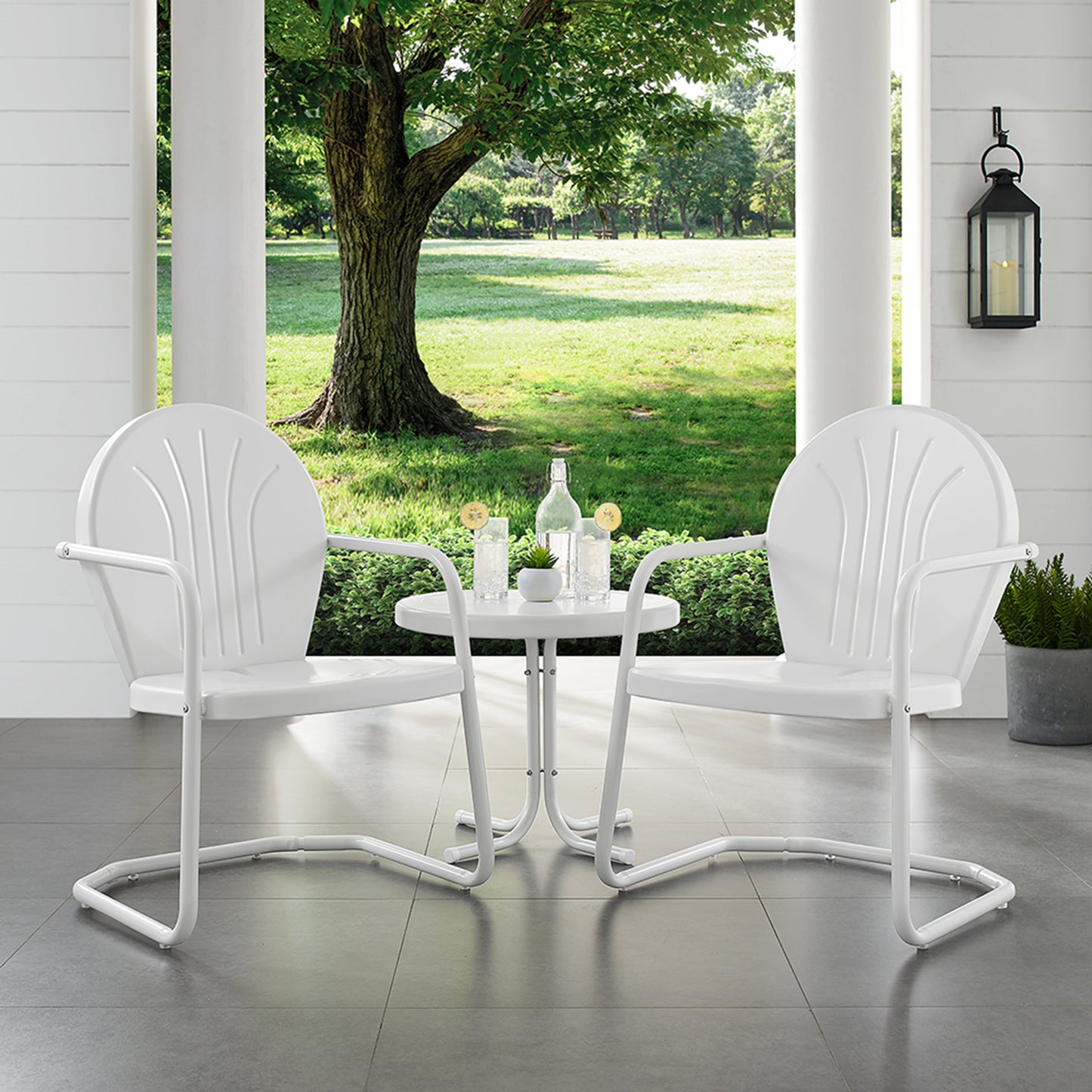 Griffith 3Pc Outdoor Metal Armchair Set White Gloss/White Satin - Side Table & 2 Chairs