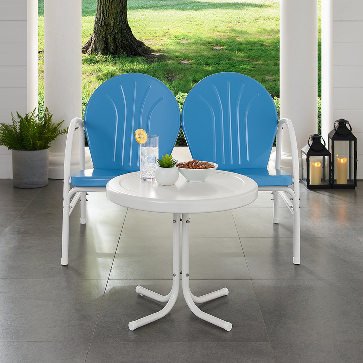 Griffith 2Pc Outdoor Metal Conversation Set Sky Blue Gloss/White Satin - Loveseat & Side Table