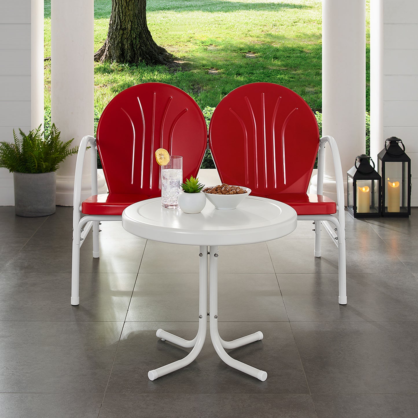 Griffith 2Pc Outdoor Metal Conversation Set Bright Red Gloss/White Satin - Loveseat & Side Table