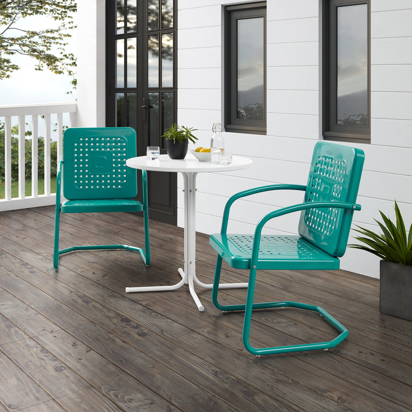 Bates 3Pc Outdoor Metal Bistro Set Turquoise Gloss/White Satin - Bistro Table & 2 Armchairs