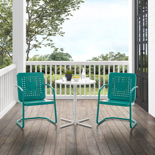 Bates 3Pc Outdoor Metal Bistro Set Turquoise Gloss/White Satin - Bistro Table & 2 Armchairs