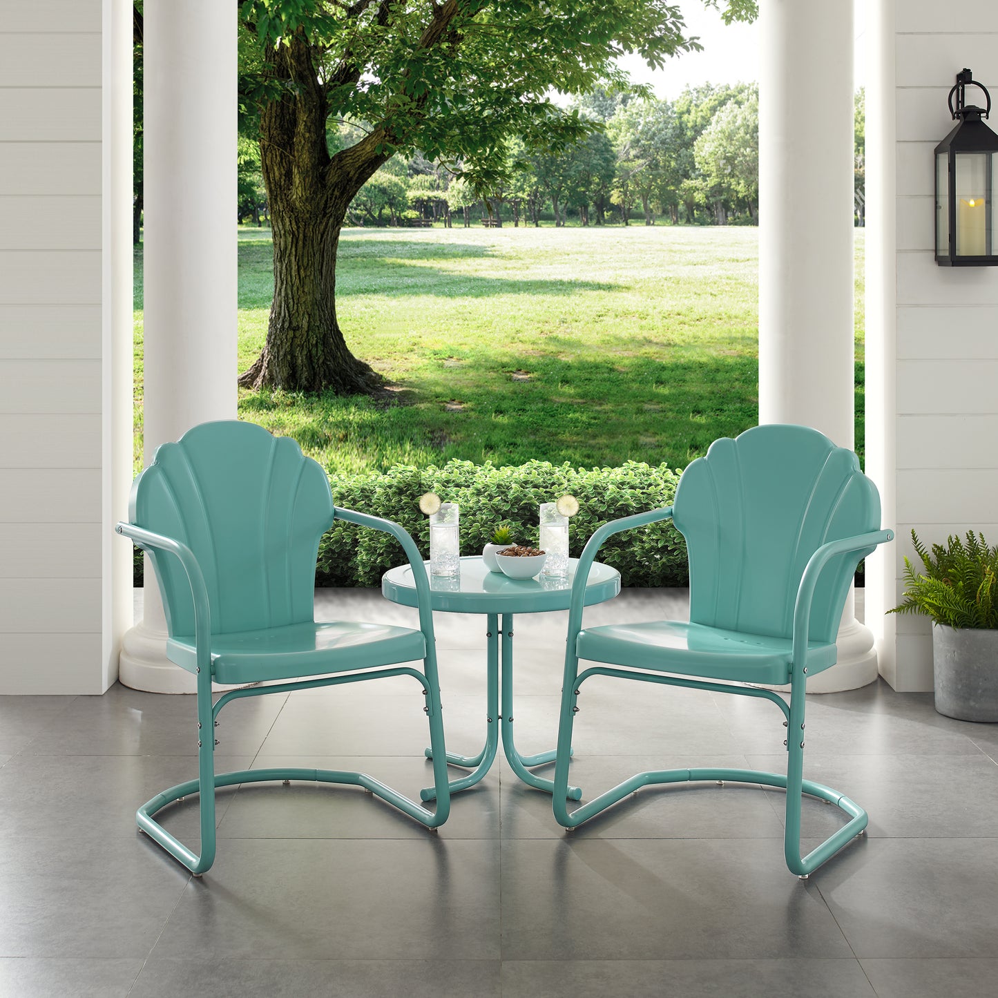 Tulip 3Pc Outdoor Metal Armchair Set Blue - Side Table & 2 Chairs