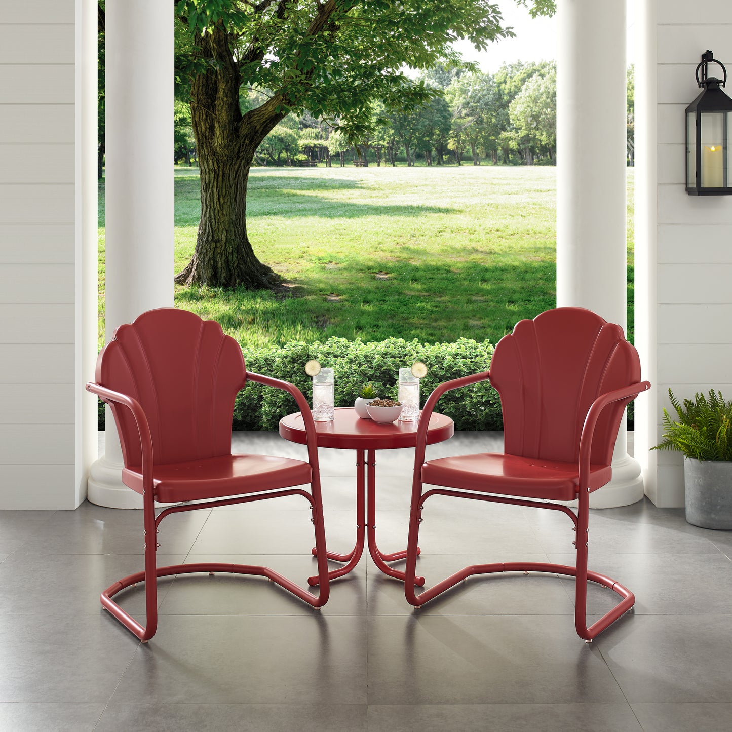 Tulip 3Pc Outdoor Metal Armchair Set Red - Side Table & 2 Chairs