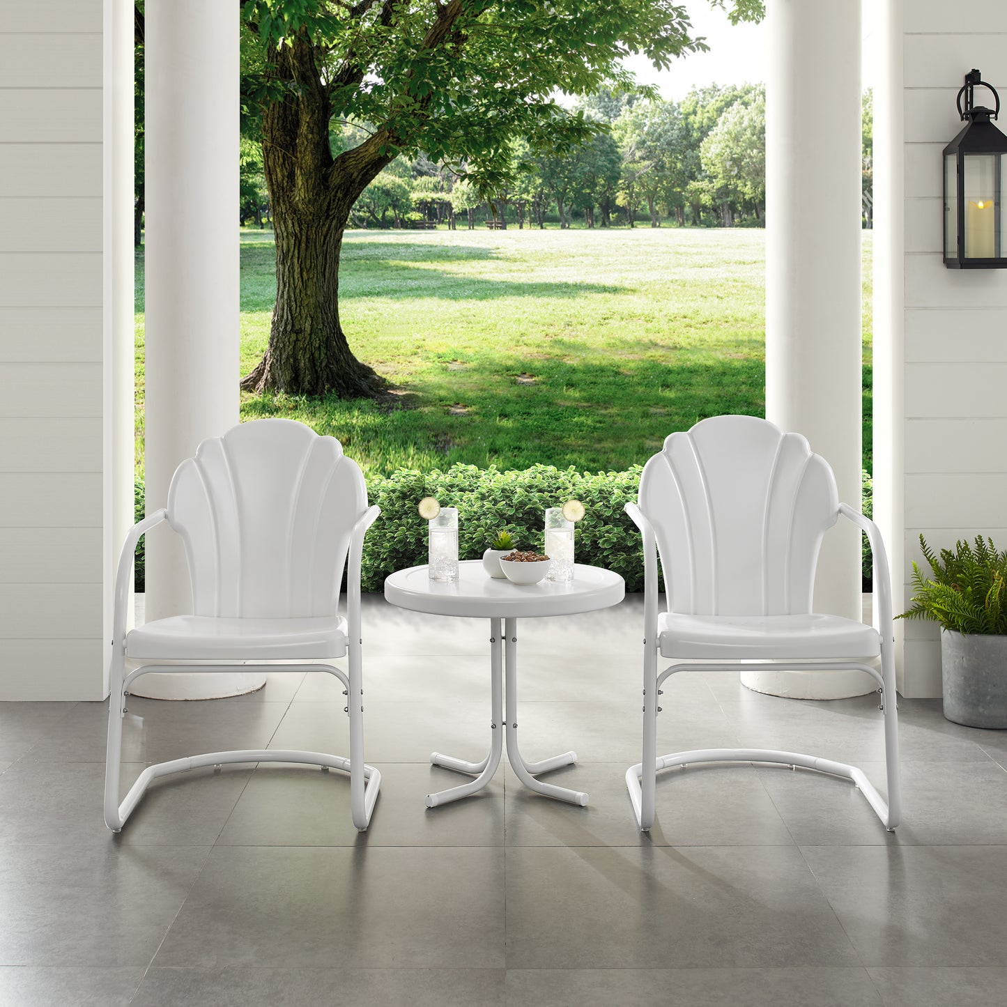 Tulip 3Pc Outdoor Metal Armchair Set White - Side Table & 2 Chairs