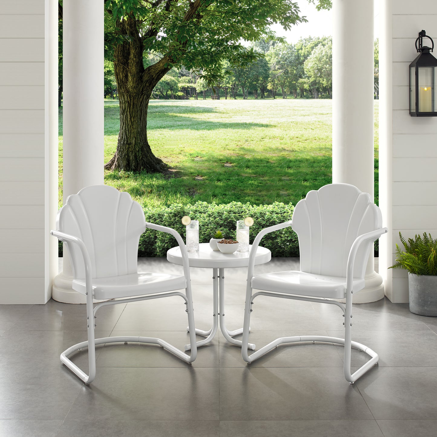 Tulip 3Pc Outdoor Metal Armchair Set White - Side Table & 2 Chairs