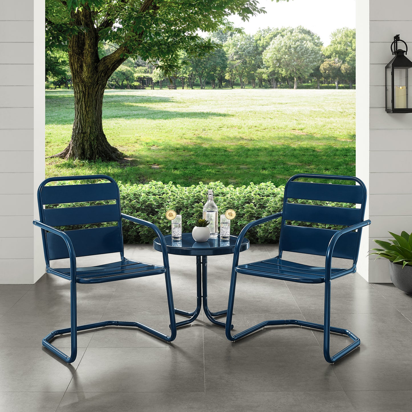 Brighton 3Pc Outdoor Metal Armchair Set Navy - Side Table & 2 Chairs