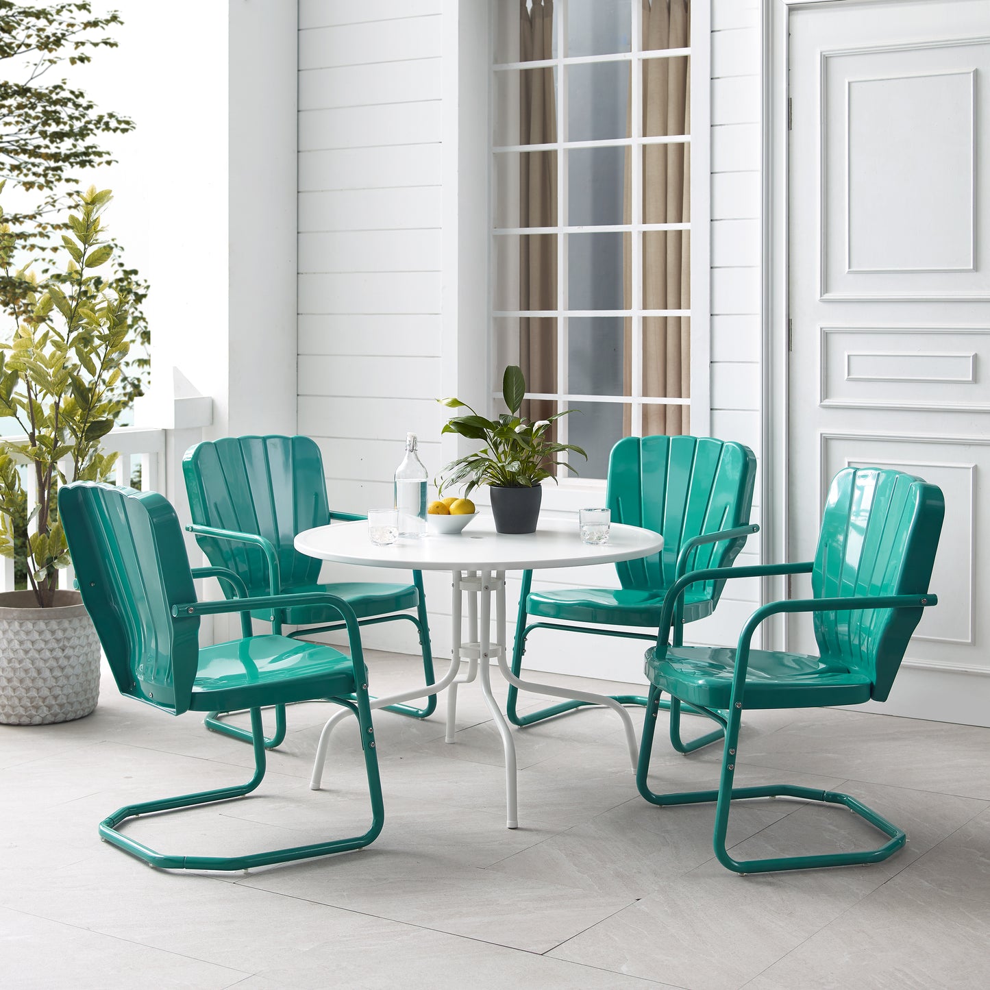 Ridgeland 5Pc Outdoor Metal Dining Set Turquoise Gloss /White Satin - Dining Table & 4 Chairs