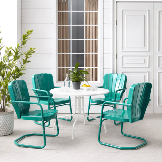 Ridgeland 5Pc Outdoor Metal Dining Set Turquoise Gloss /White Satin - Dining Table & 4 Chairs