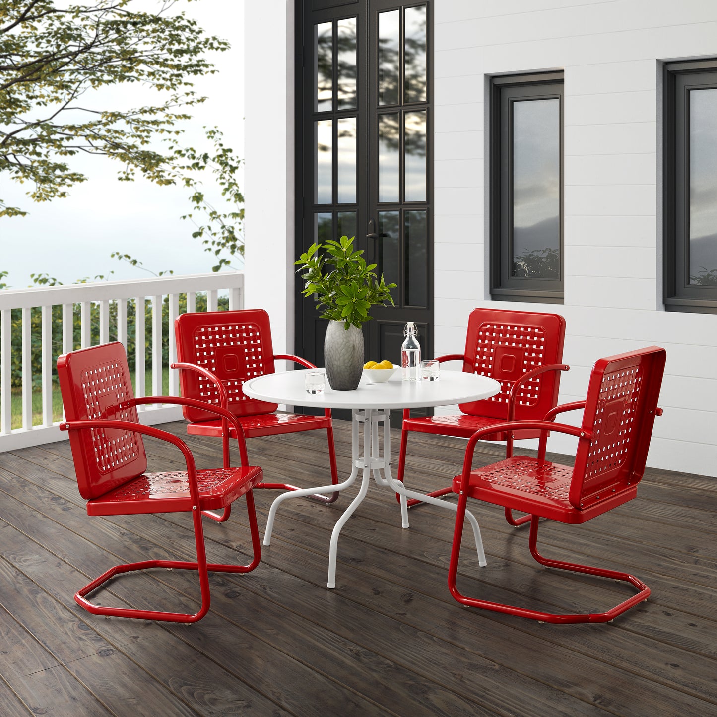 Bates 5Pc Outdoor Metal Dining Set Bright Red Gloss /White Satin - Dining Table & 4 Armchairs