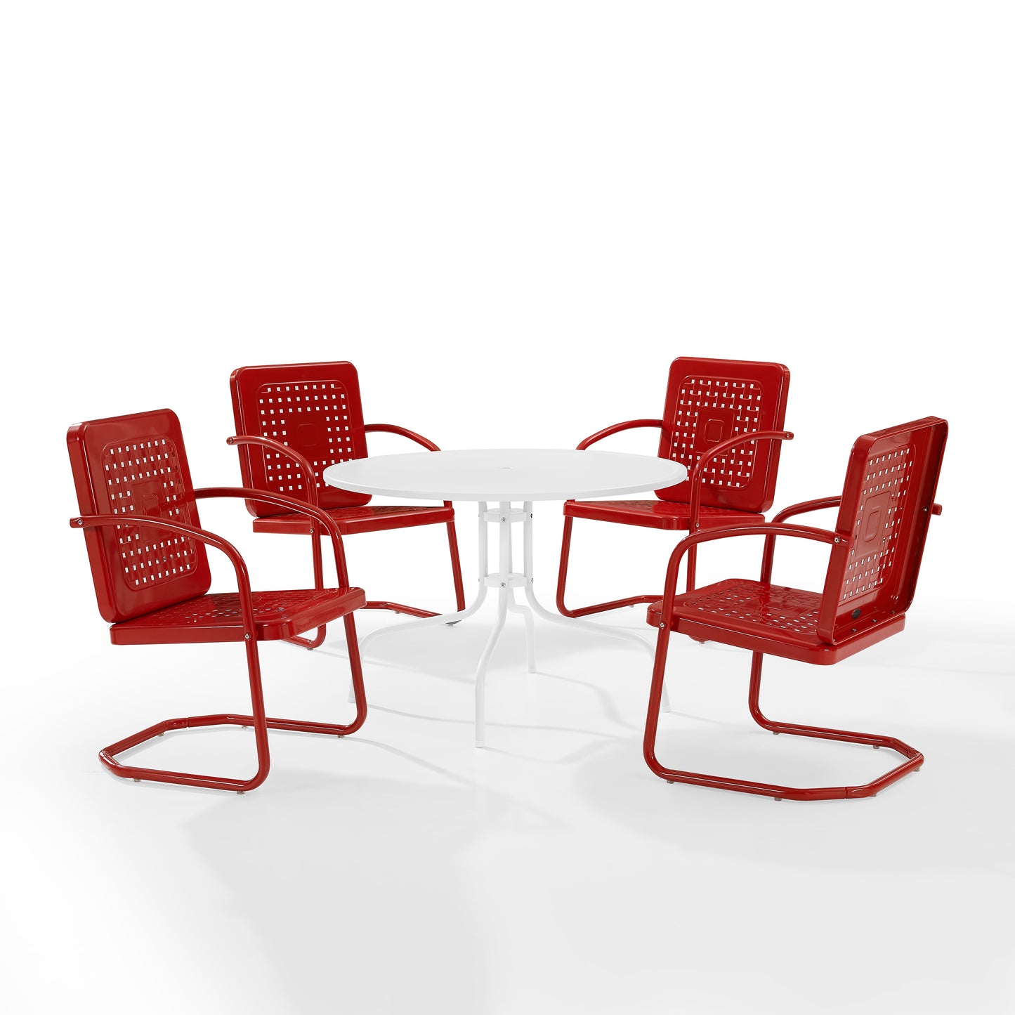 Bates 5Pc Outdoor Metal Dining Set Bright Red Gloss /White Satin - Dining Table & 4 Armchairs