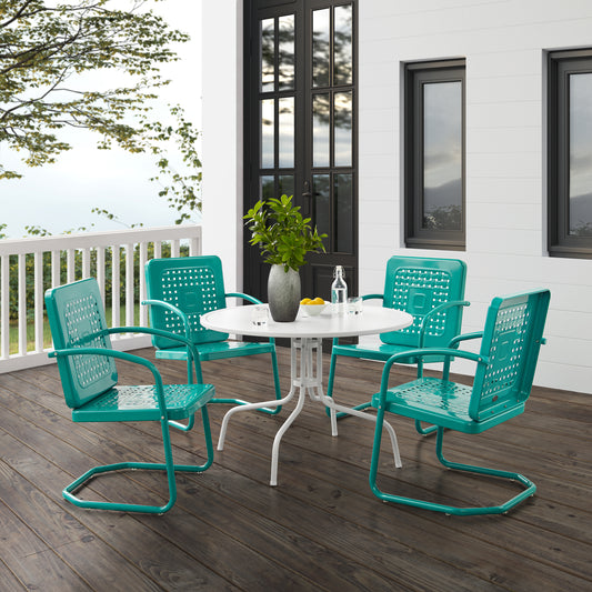 Bates 5Pc Outdoor Metal Dining Set Turquoise Gloss/White Satin - Dining Table & 4 Armchairs