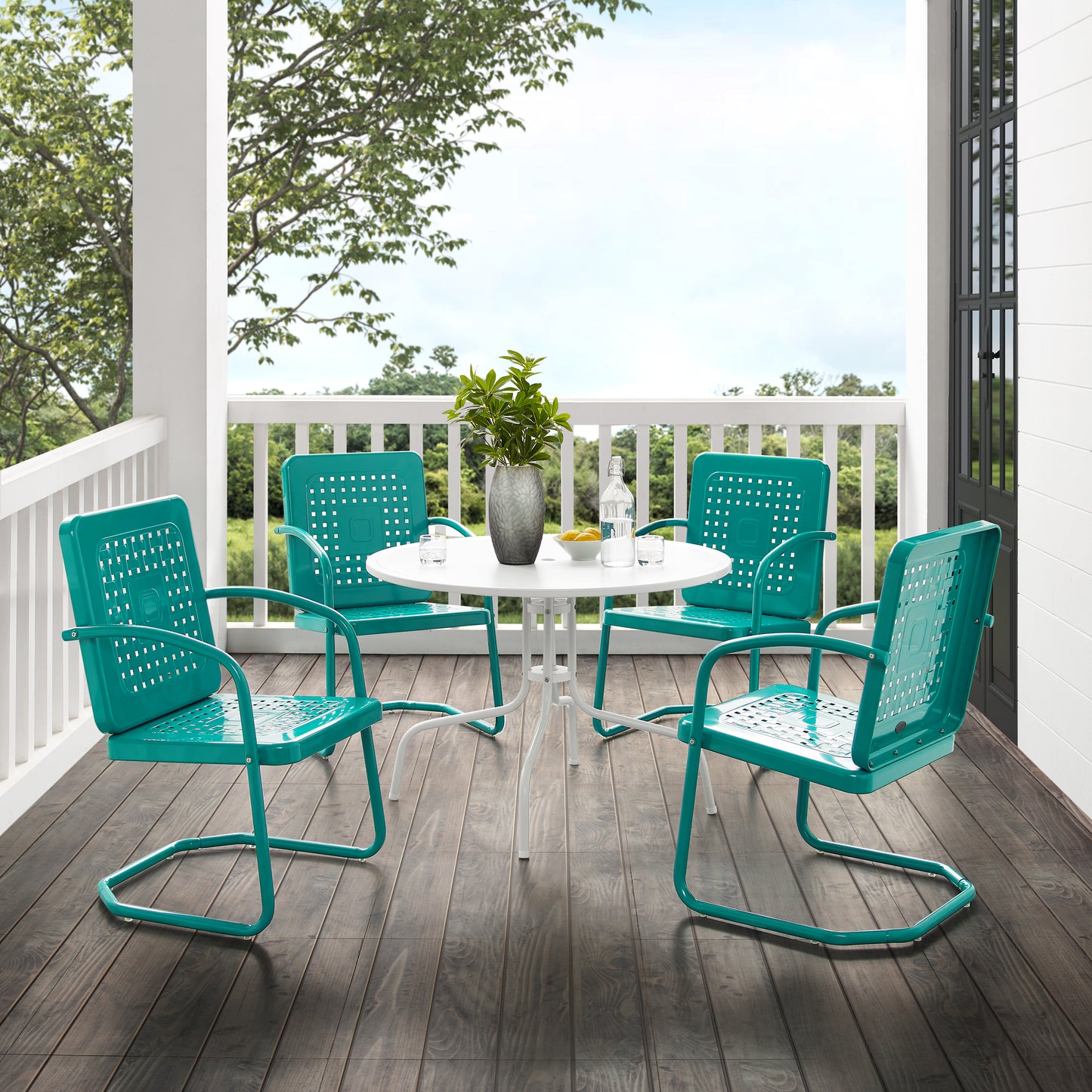 Bates 5Pc Outdoor Metal Dining Set Turquoise Gloss/White Satin - Dining Table & 4 Armchairs