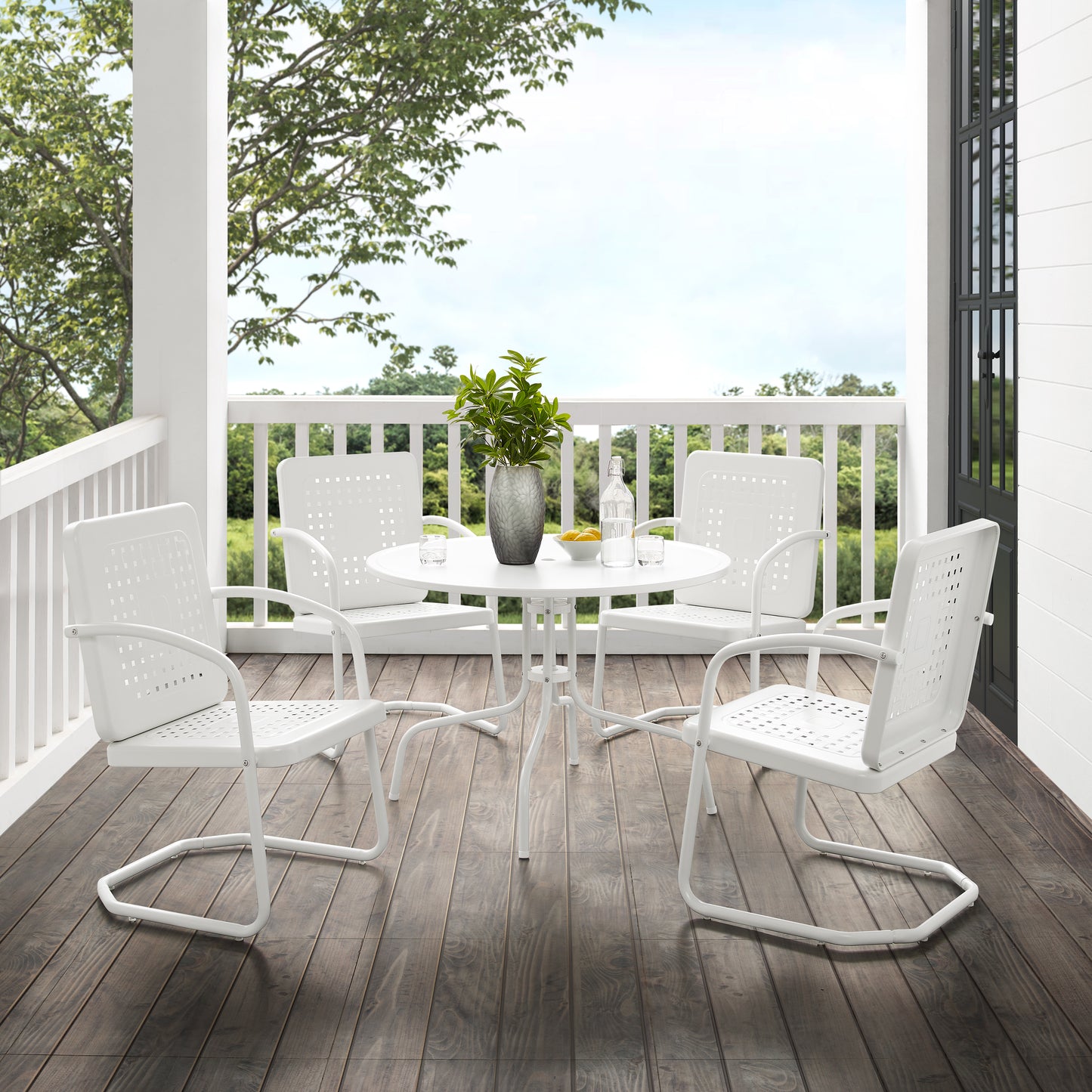 Bates 5Pc Outdoor Metal Dining Set White Gloss /White Satin - Dining Table & 4 Armchairs