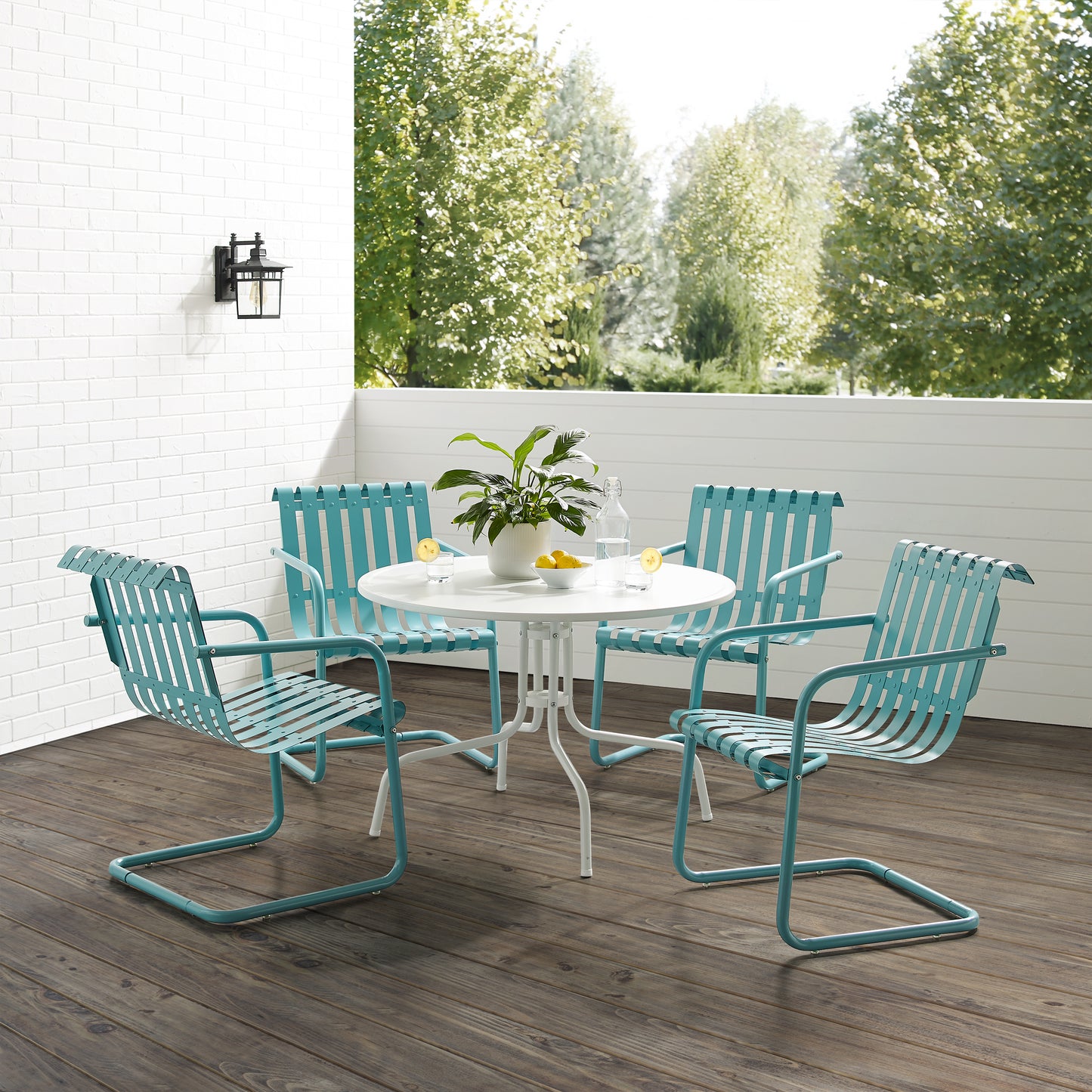 Gracie 5Pc Outdoor Metal Dining Set Pastel Blue Satin/White Satin - Dining Table & 4 Armchairs