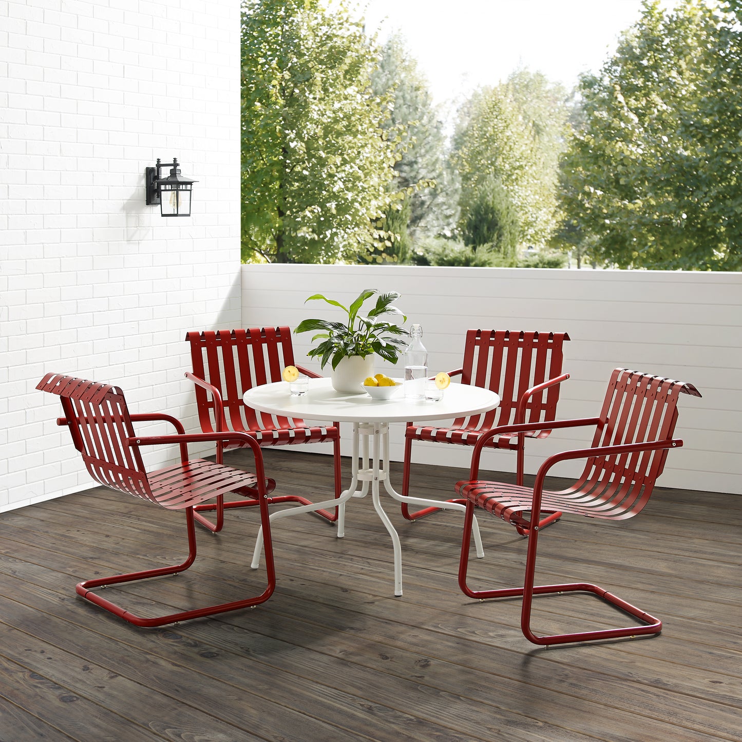 Gracie 5Pc Outdoor Metal Dining Set Dark Red Satin/White Satin - Dining Table & 4 Armchairs