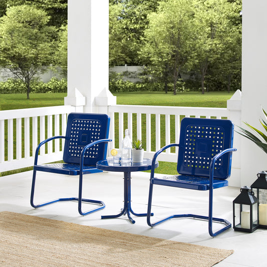 Bates 3Pc Outdoor Metal Chair Set Navy Gloss/White Satin - Side Table & 2 Armchairs