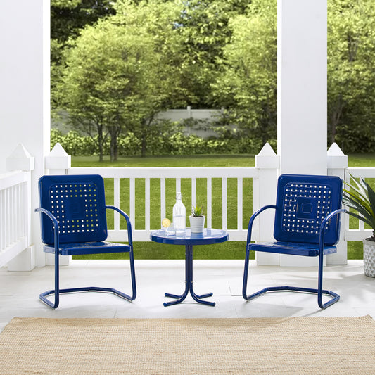 Bates 3Pc Outdoor Metal Chair Set Navy Gloss/White Satin - Side Table & 2 Armchairs