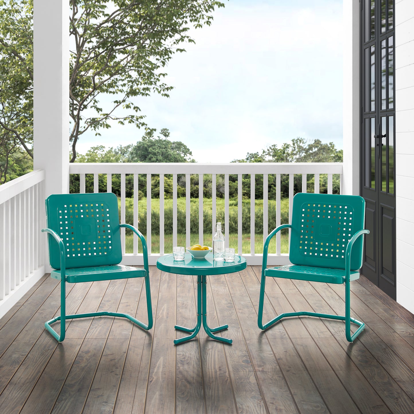 Bates 3Pc Outdoor Metal Armchair Set Turquoise Gloss - Side Table & 2 Armchairs