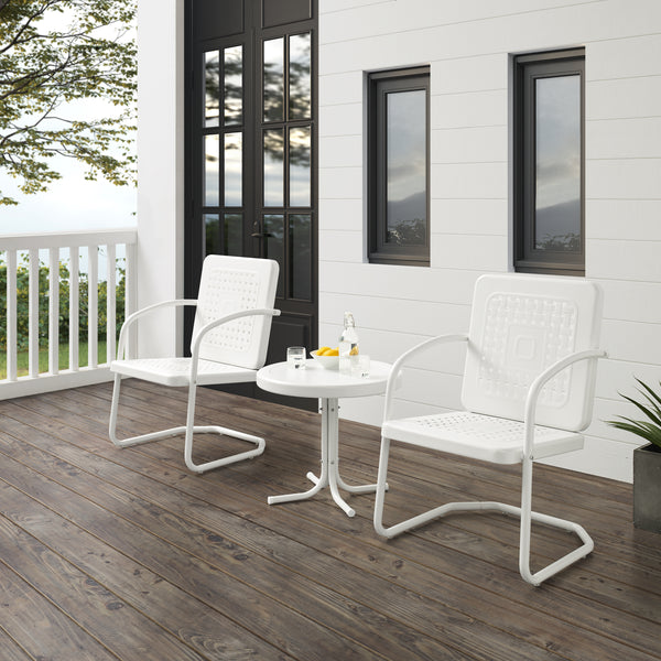 Bates 3Pc Outdoor Metal Armchair Set White Gloss/White Satin - Side Table & 2 Armchairs