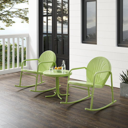 Griffith 3Pc Outdoor Metal Rocking Chair Set Key Lime Gloss - Side Table & 2 Rocking Chairs