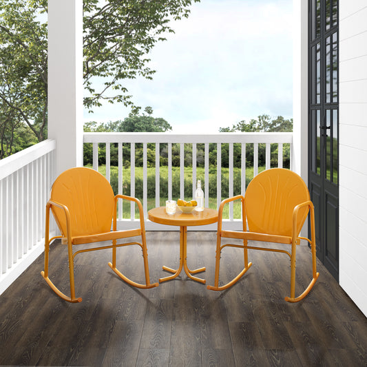 Griffith 3Pc Outdoor Metal Rocking Chair Set Tangerine Gloss - Side Table & 2 Rocking Chairs