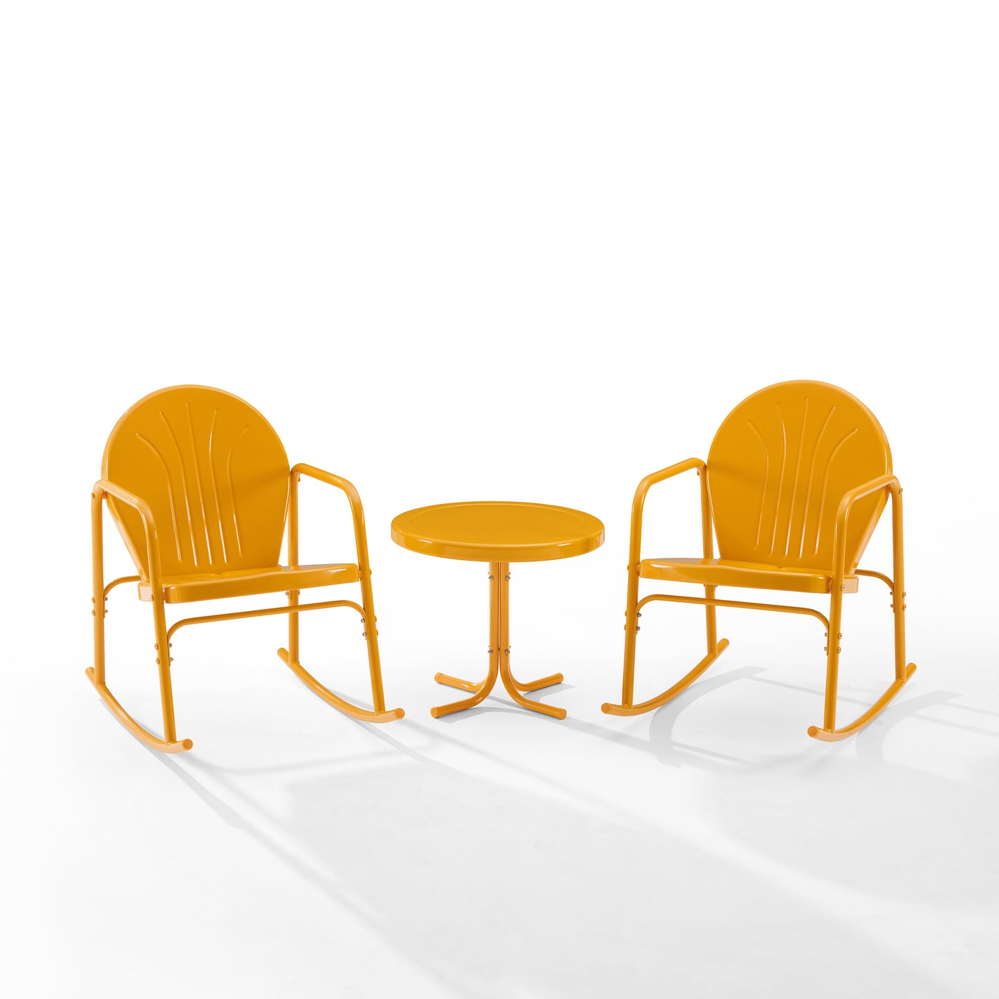 Griffith 3Pc Outdoor Metal Rocking Chair Set Tangerine Gloss - Side Table & 2 Rocking Chairs