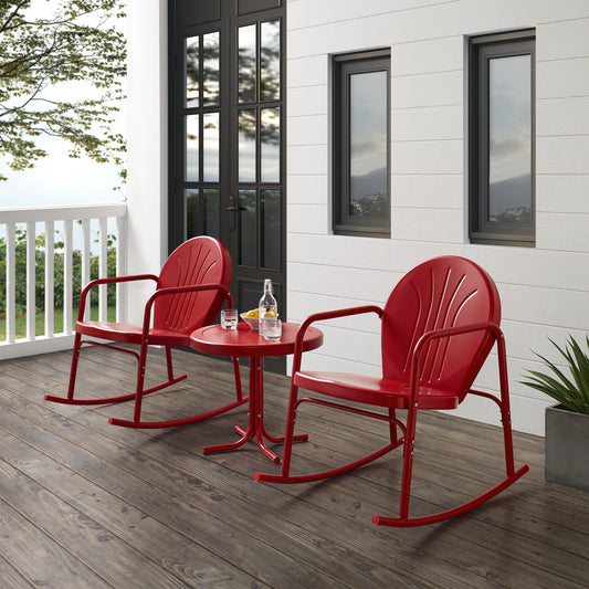 Griffith 3Pc Outdoor Metal Rocking Chair Set Bright Red Gloss - Side Table & 2 Rocking Chairs