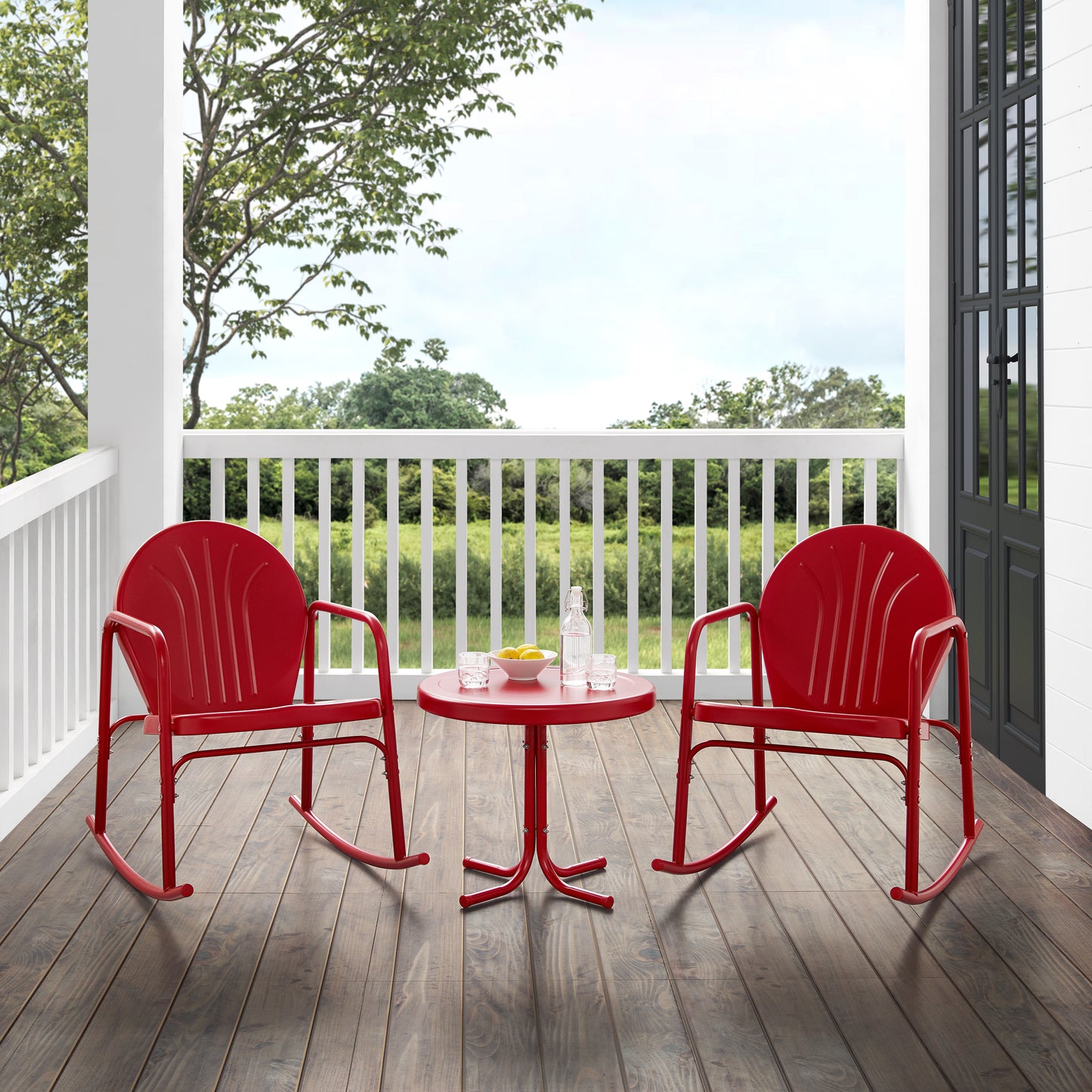 Griffith 3Pc Outdoor Metal Rocking Chair Set Bright Red Gloss - Side Table & 2 Rocking Chairs