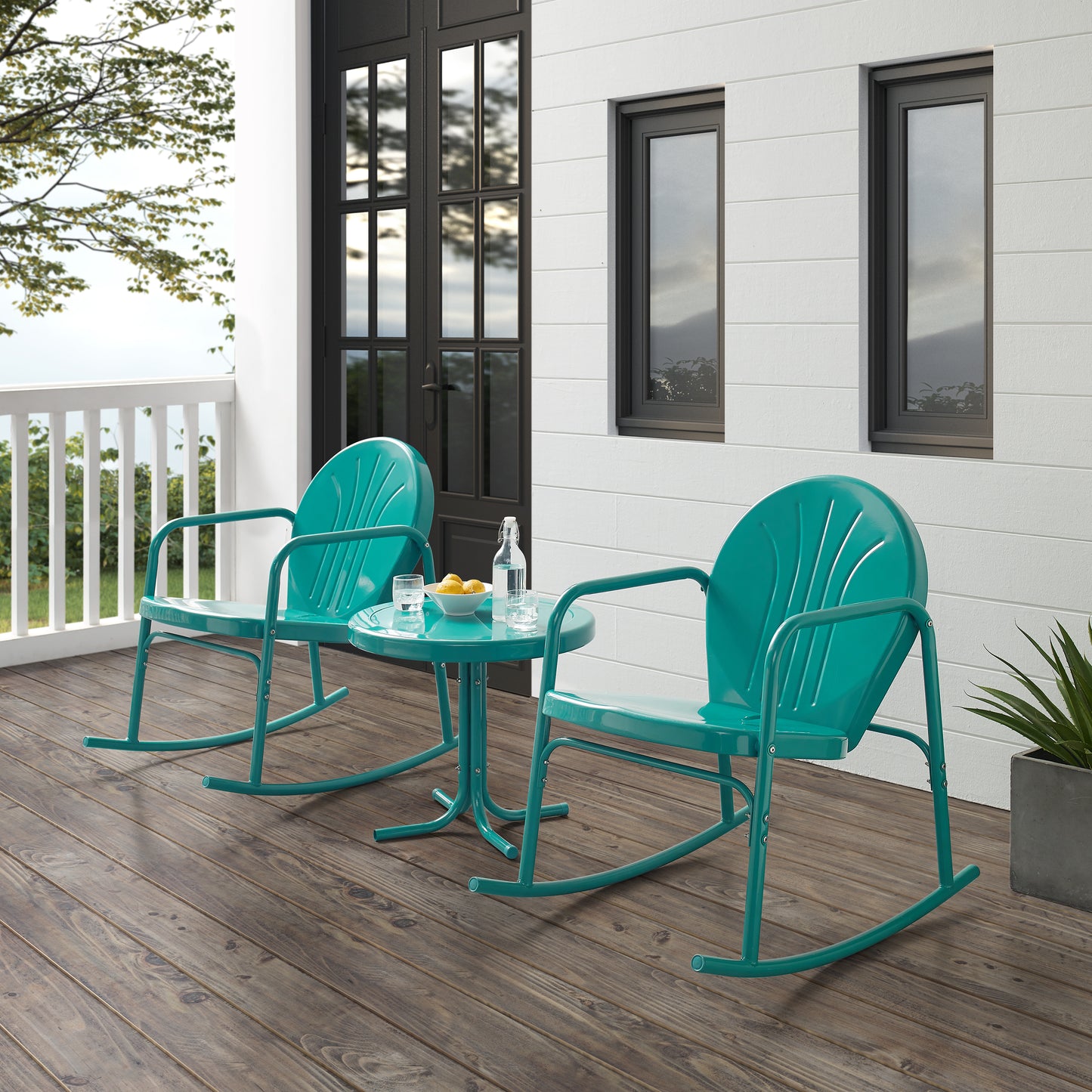 Griffith 3Pc Outdoor Metal Rocking Chair Set Turquoise Gloss - Side Table & 2 Rocking Chairs