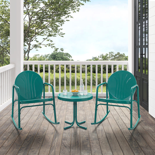 Griffith 3Pc Outdoor Metal Rocking Chair Set Turquoise Gloss - Side Table & 2 Rocking Chairs