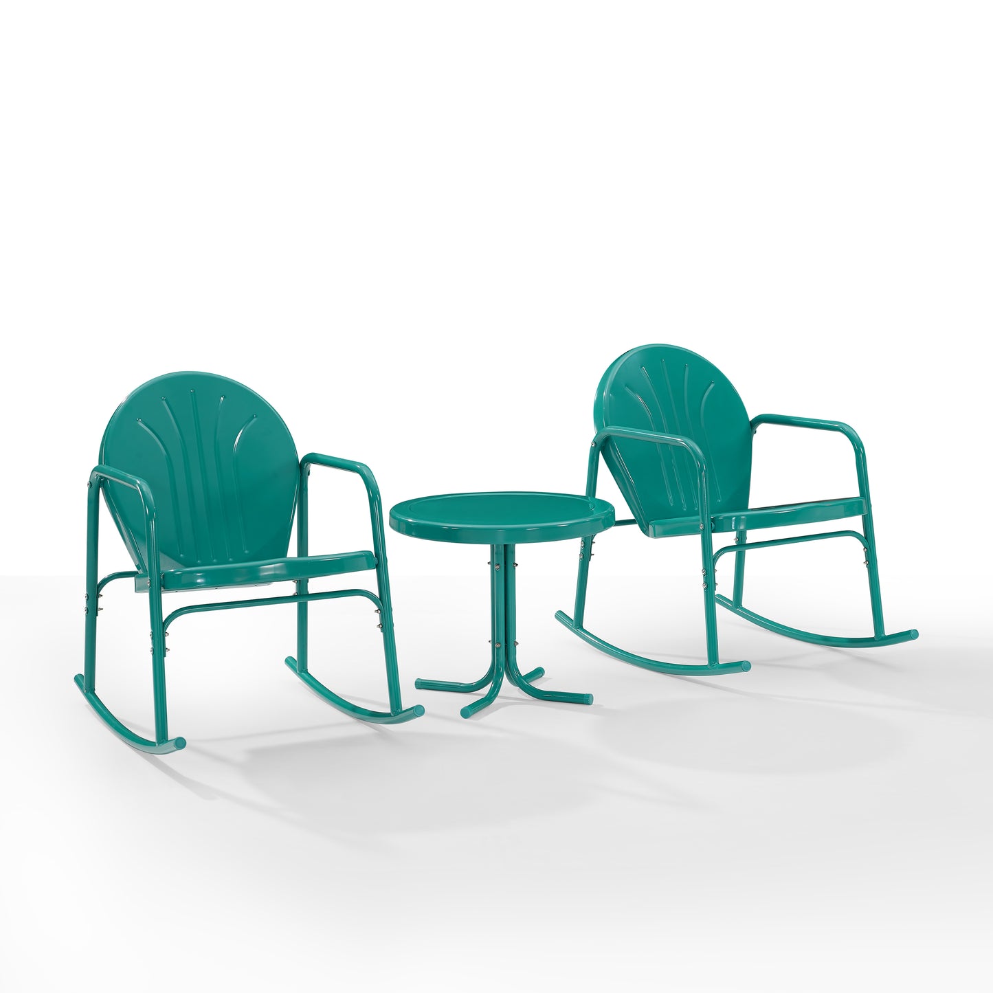 Griffith 3Pc Outdoor Metal Rocking Chair Set Turquoise Gloss - Side Table & 2 Rocking Chairs