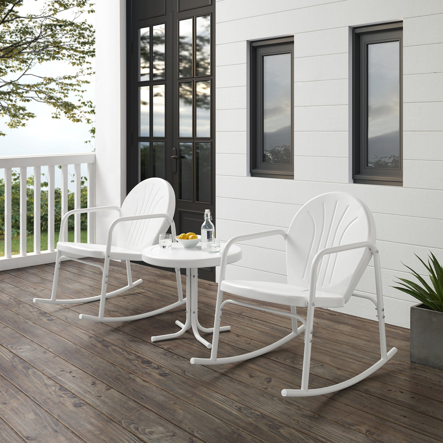 Griffith 3Pc Outdoor Metal Rocking Chair Set White Gloss/White Satin - Side Table & 2 Rocking Chairs