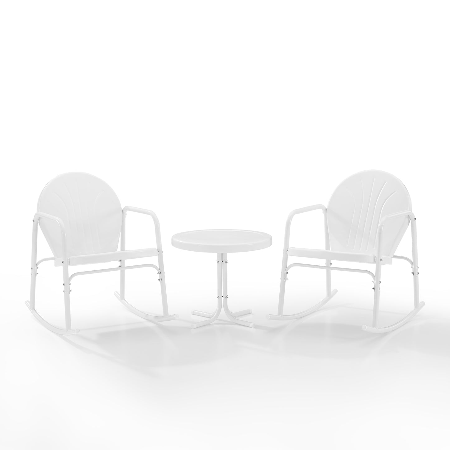 Griffith 3Pc Outdoor Metal Rocking Chair Set White Gloss/White Satin - Side Table & 2 Rocking Chairs