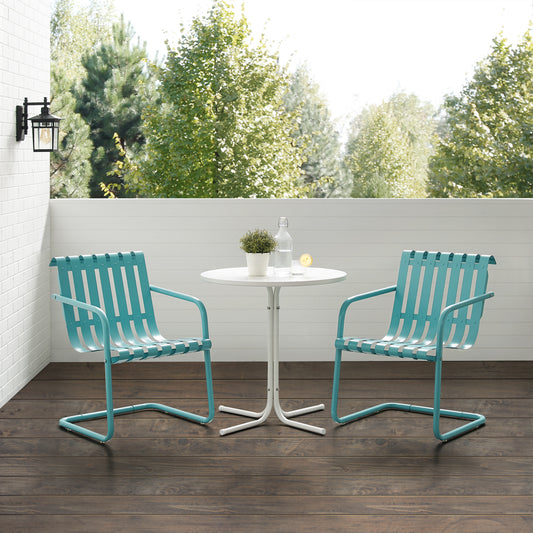 Gracie 3Pc Outdoor Metal Bistro Set Pastel Blue Satin/White Satin - Bistro Table & 2 Armchairs