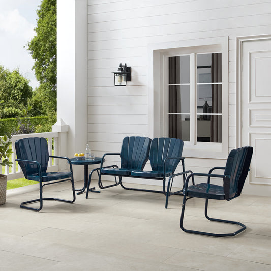 Ridgeland 4Pc Outdoor Metal Conversation Set Navy Gloss - Loveseat Glider, Side Table, & 2 Armchairs