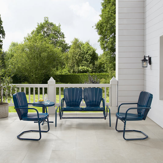 Ridgeland 4Pc Outdoor Metal Conversation Set Navy Gloss - Loveseat Glider, Side Table, & 2 Armchairs