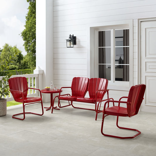 Ridgeland 4Pc Outdoor Metal Conversation Set Bright Red Gloss - Loveseat Glider, Side Table, & 2 Armchairs