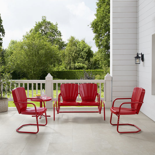 Ridgeland 4Pc Outdoor Metal Conversation Set Bright Red Gloss - Loveseat Glider, Side Table, & 2 Armchairs