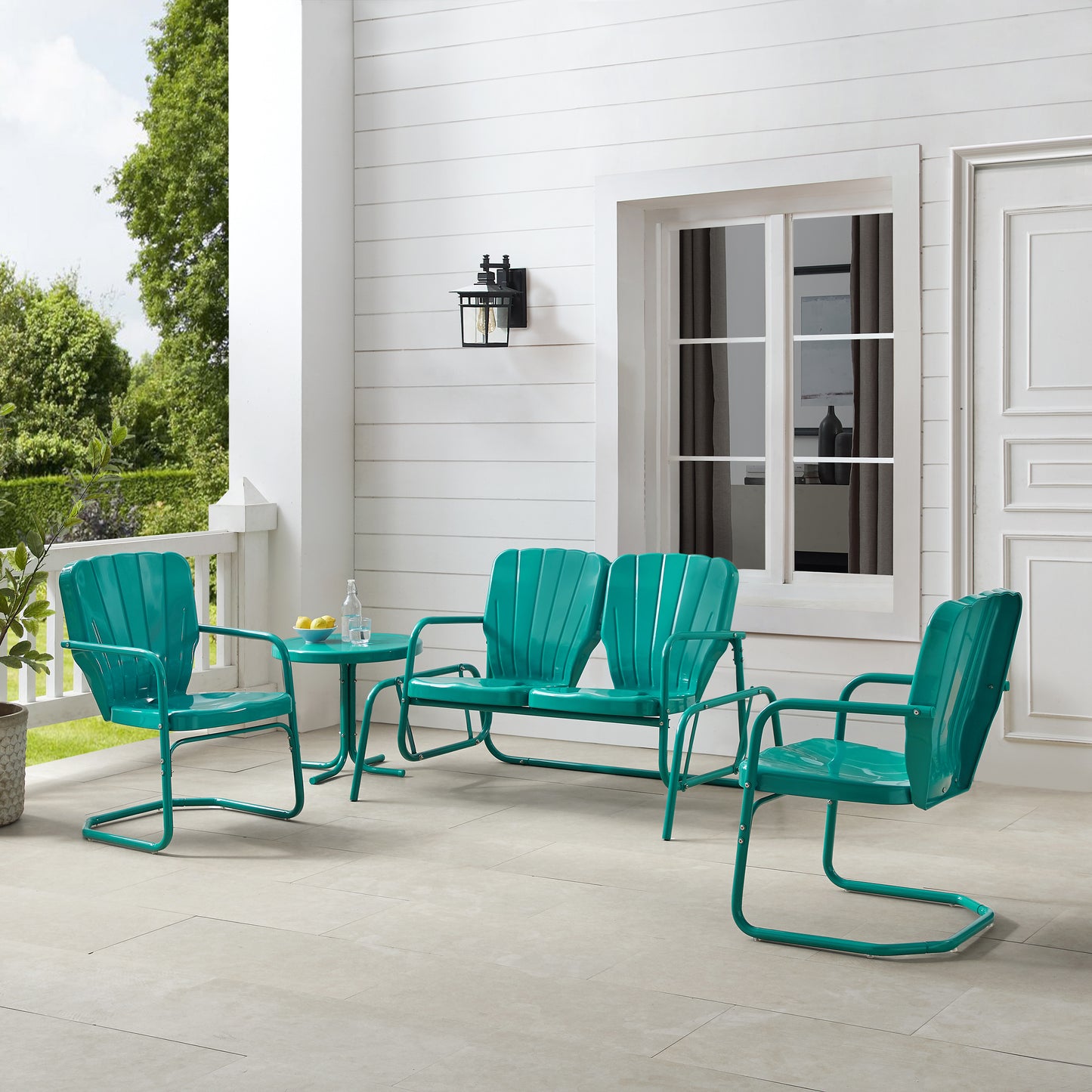 Ridgeland 4Pc Outdoor Metal Conversation Set Turquoise Gloss - Loveseat Glider, Side Table, & 2 Armchairs