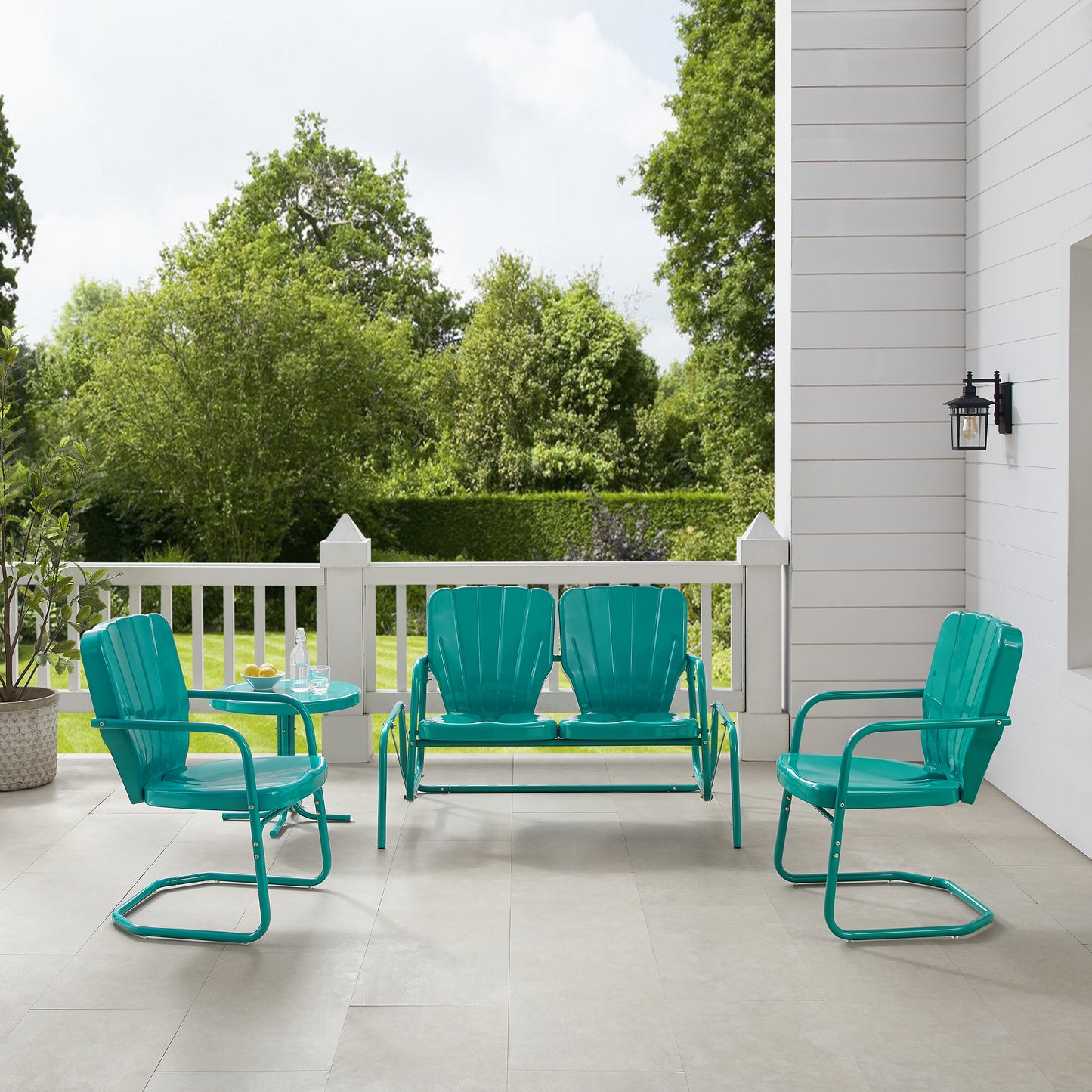 Ridgeland 4Pc Outdoor Metal Conversation Set Turquoise Gloss - Loveseat Glider, Side Table, & 2 Armchairs